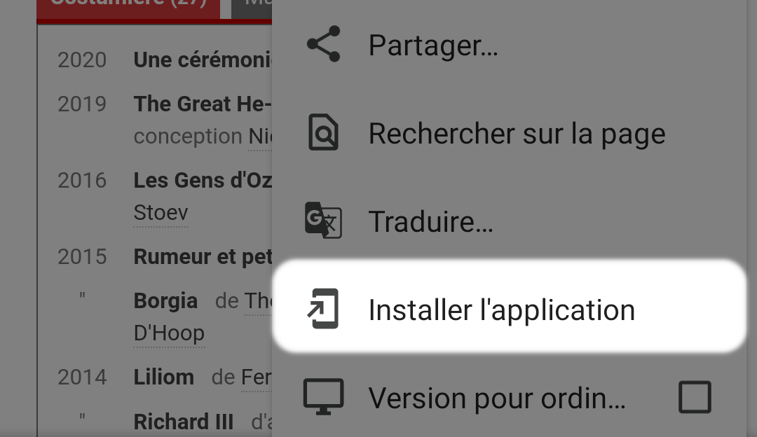 Option de menu « Installer l’application » dans Chrome sur mobile